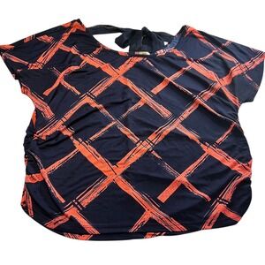 Lavish Plus‎ Navy & Coral Diamond Print Top Women's Size 1X Tie Back
